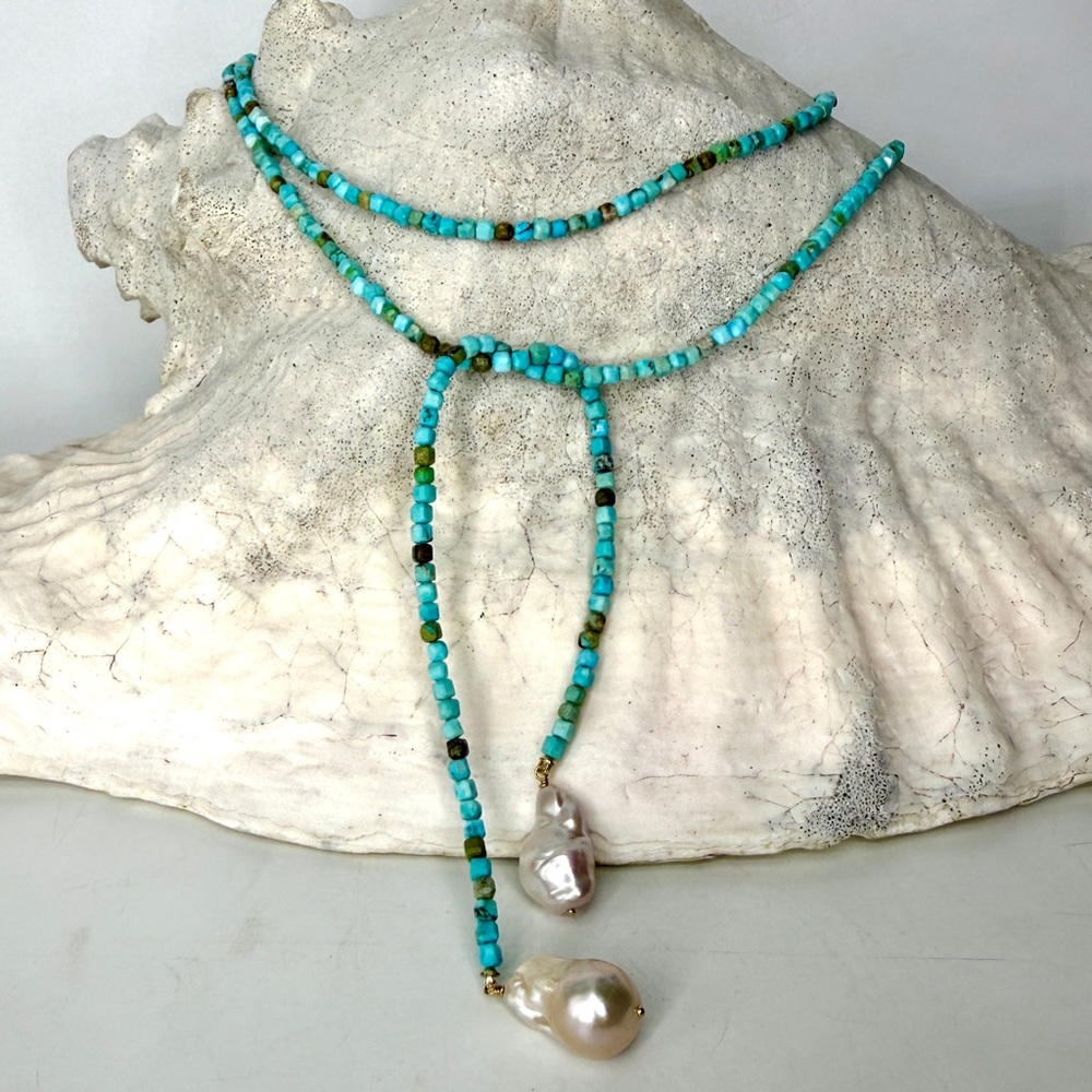 Turquoise Beaded Lariat Necklace with Baroque Pearl Drops - Picture 6 of 6